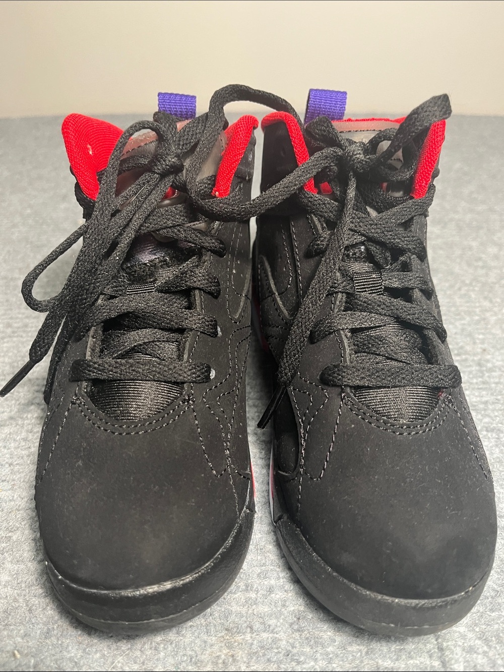 Nike Kids Black and Red High-Top Sneakers with Purple Pull Tabs